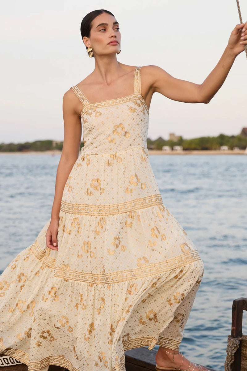 Carlin Cream and Gold Strappy Maxi Dress M