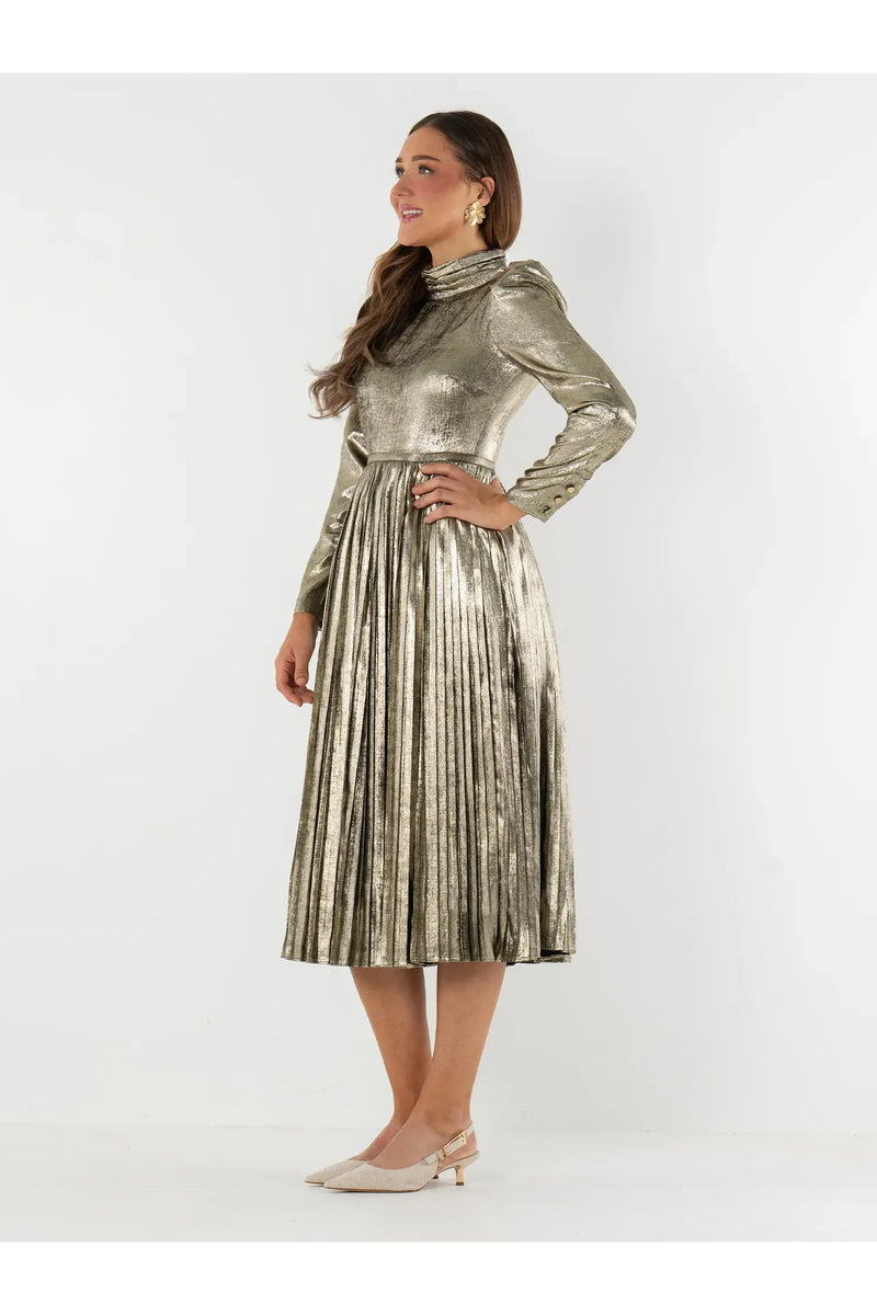 tessa gold dress Metallic Black Long Sleeve Midi M affordable glam dress
