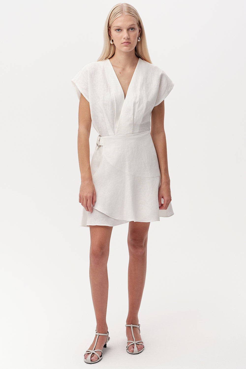 linen v neck mini dress Linen Blend Puff-Sleeve V-Neck Mini Dress