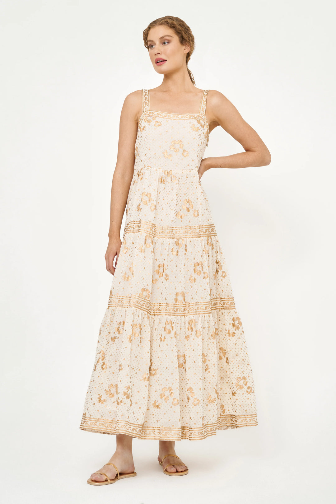 Carlin Cream and Gold Strappy Maxi Dress M