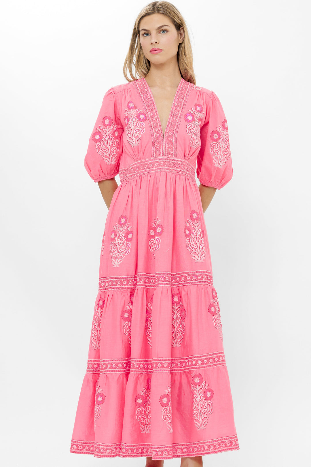 Puff Sleeve Tiered Maxi Printed Dress, Raton Pink, XXS