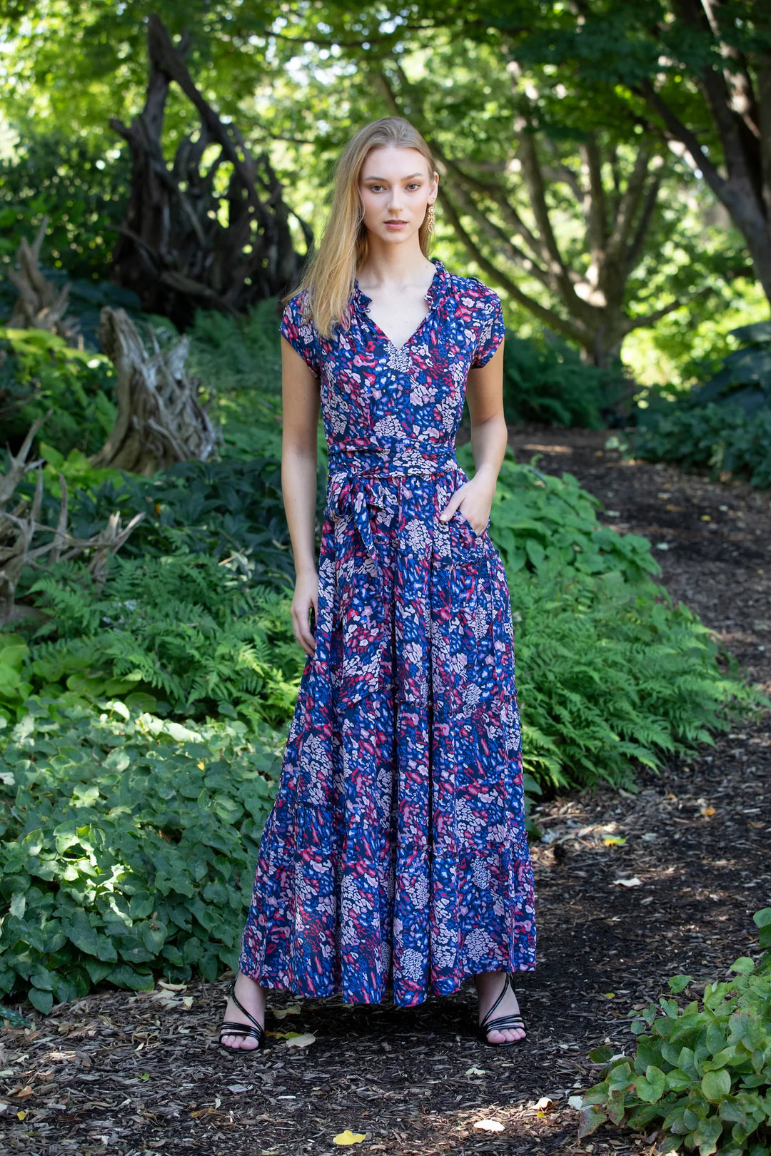 navy blue cherry dress Navy with Cherry Print Maxi Short Sleeved Dress XS