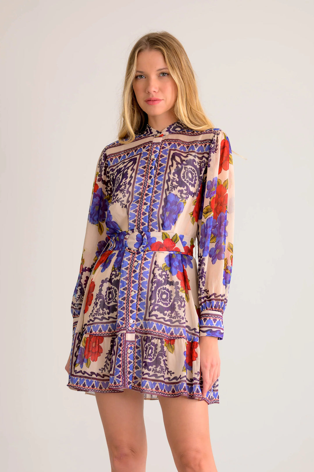 Deep Blue Long Sleeve Belted Elizabeth Mini Dress Xs
