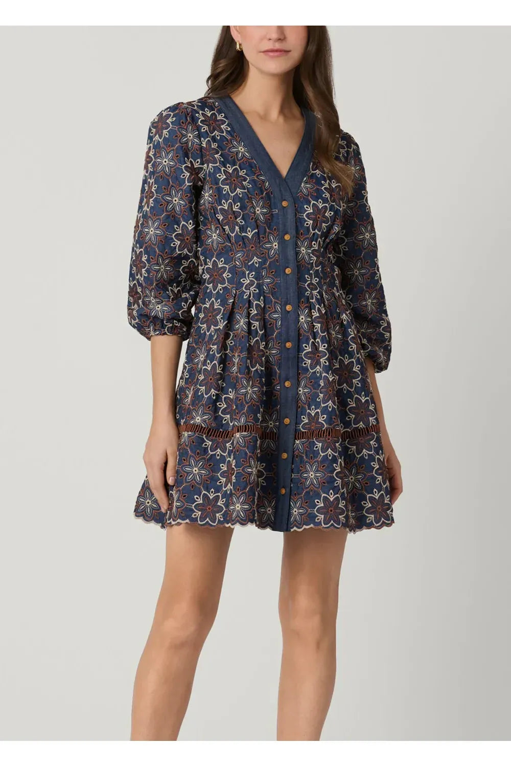 Lina Embroidered Chambray Balloon-Sleeve Mini Dress 8 / Navy