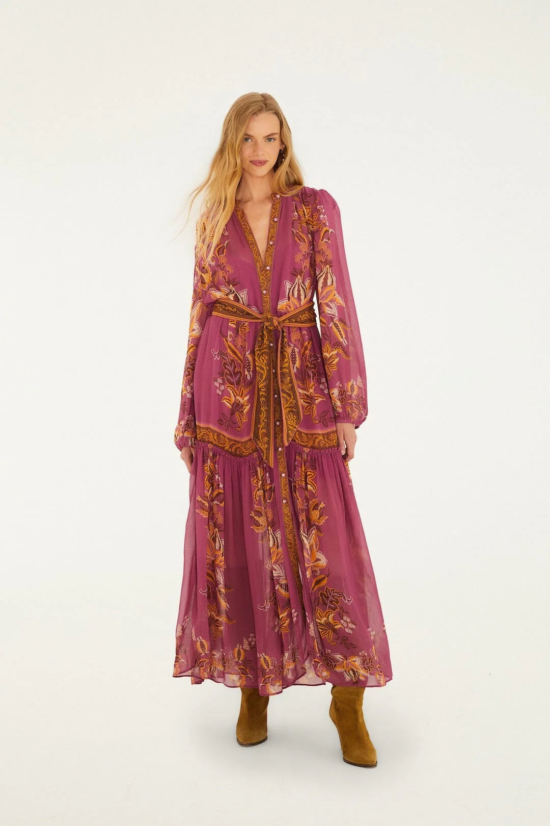 magenta maxi dress with sleeves Magenta Delicate Chintz Puff Sleeve Belted Maxi Dress – Carrie Dunham