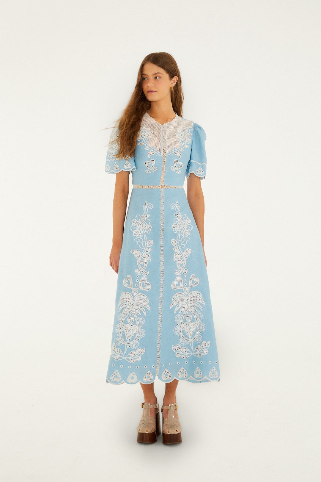 embroidered linen midi dress Farm Rio Light Blue Embroidery Short Sleeve Light Blue / S Children's clothing online stores near me vibrant multicolor embroidery for Ashley Luxe Neo 8 Size:12C | 29.5 EU