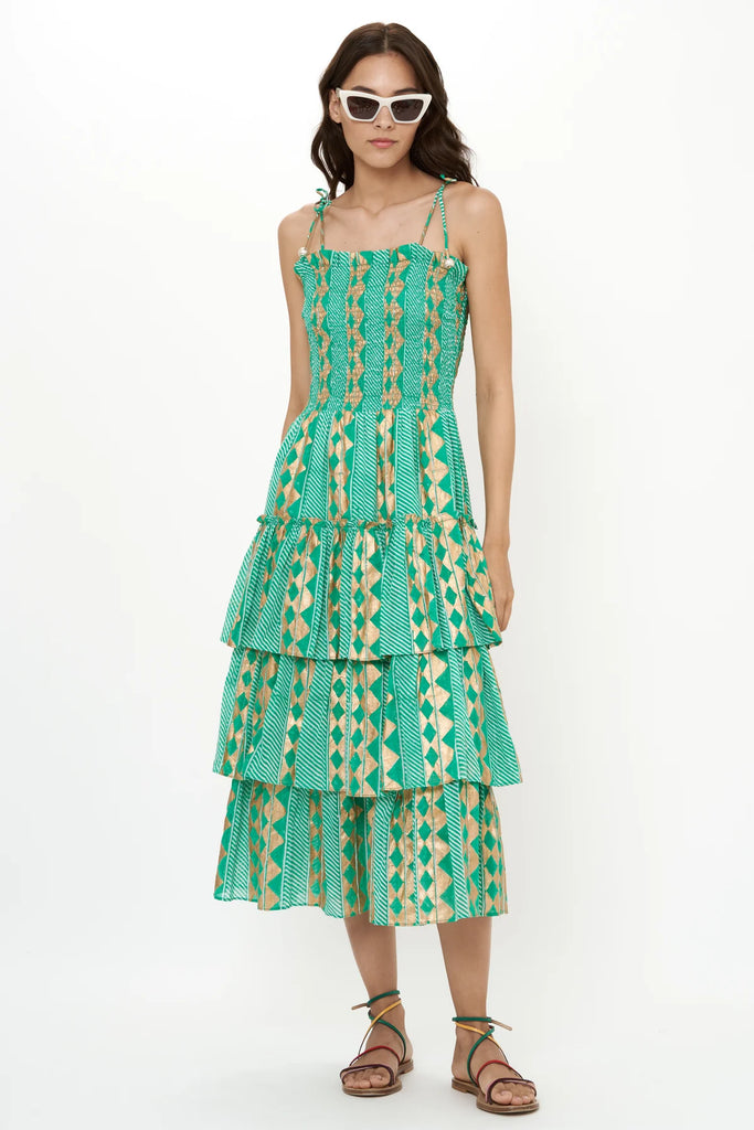 Ascot Teal Smocked Tie Strap Midi Dress – Carrie Dunham