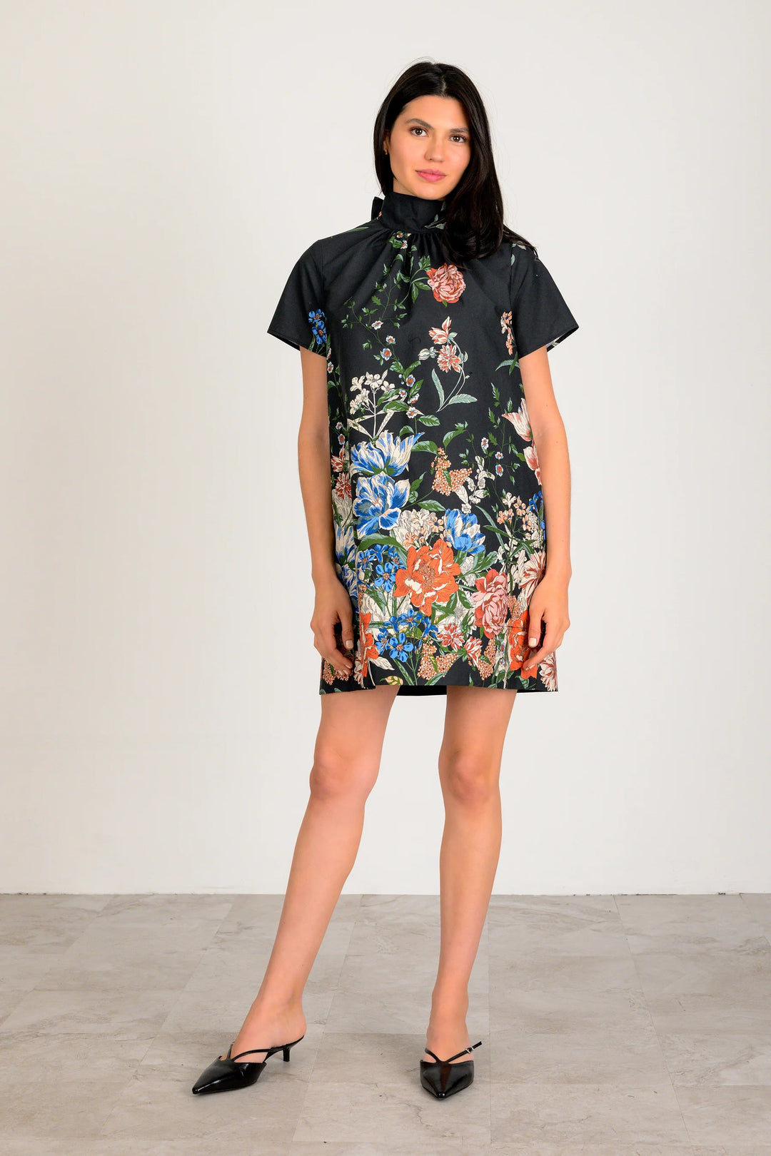 blue dress for baby girl VIOLETTA Metallic Floral Brocade High Neck Mini Dress In Black main image 1