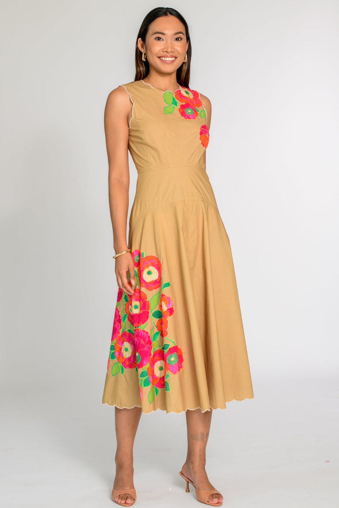 claire midi dress Tan Poppy Embroidered Claire Midi Dress S