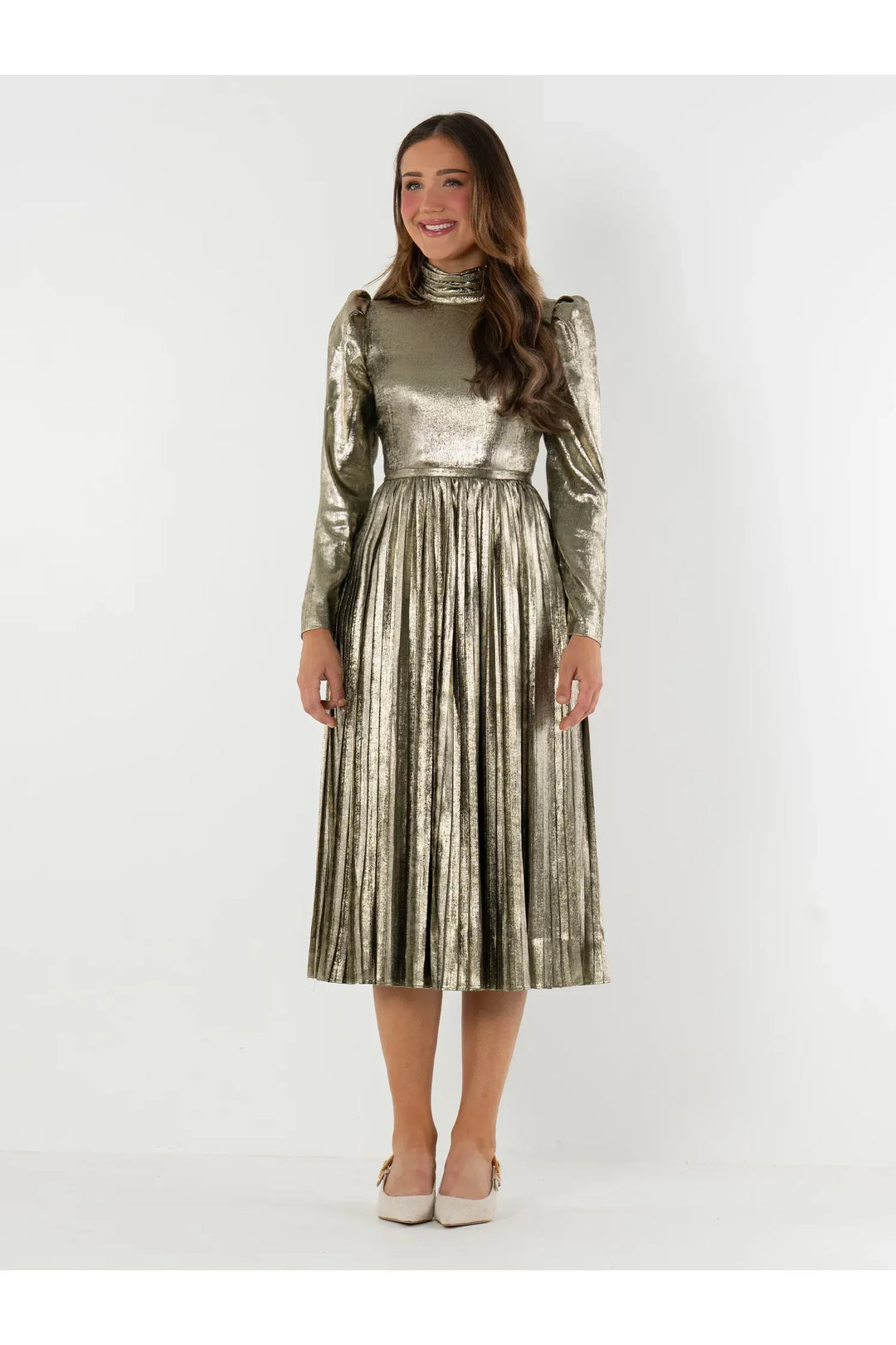 Metallic Black Gold Long Sleeve Tessa Midi Dress M Metallic Black Gold Long Sleeve Tessa Midi Dress M