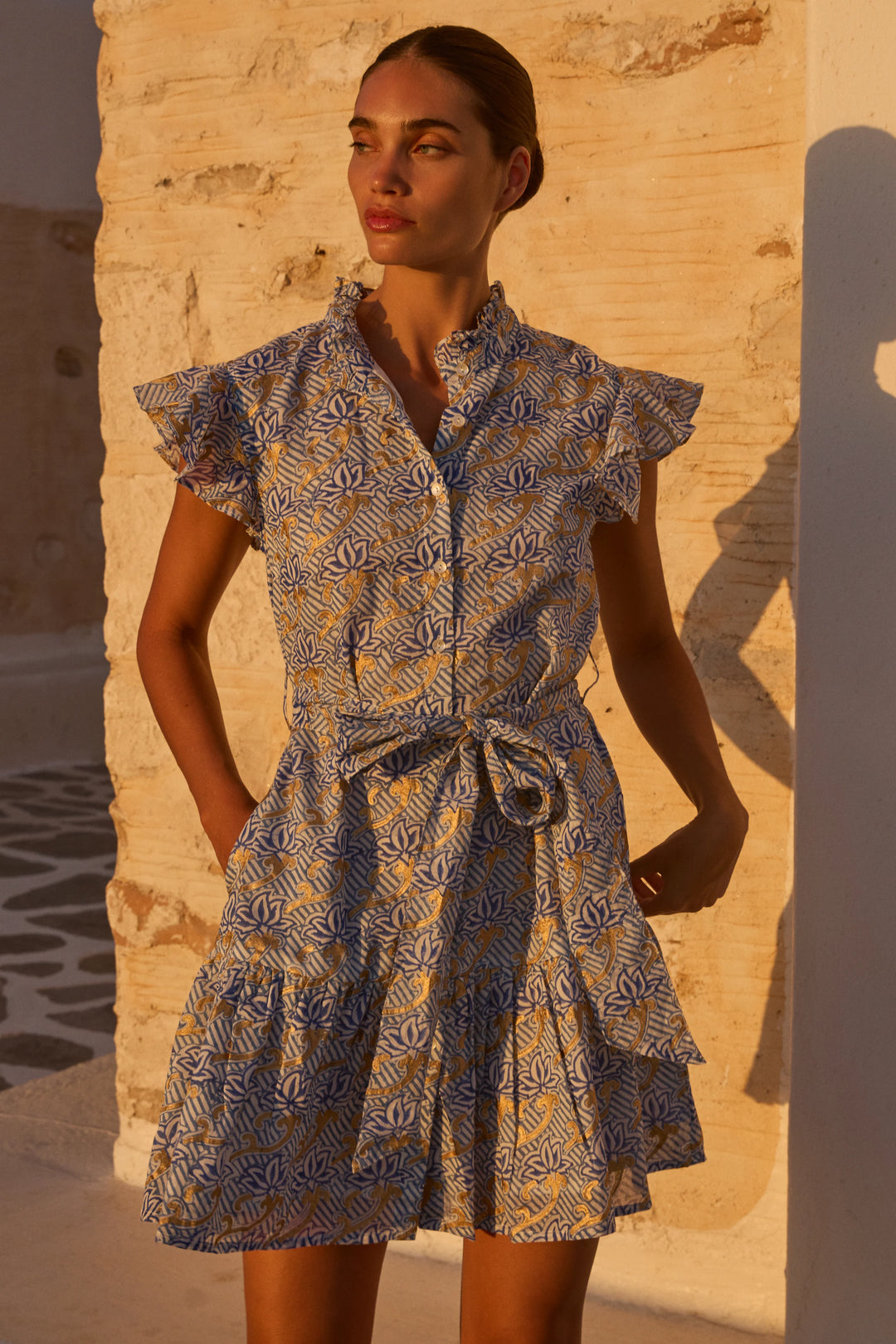 Florence Blue & Gold Ruffle Collar Button Mini Dress – Carrie Dunham