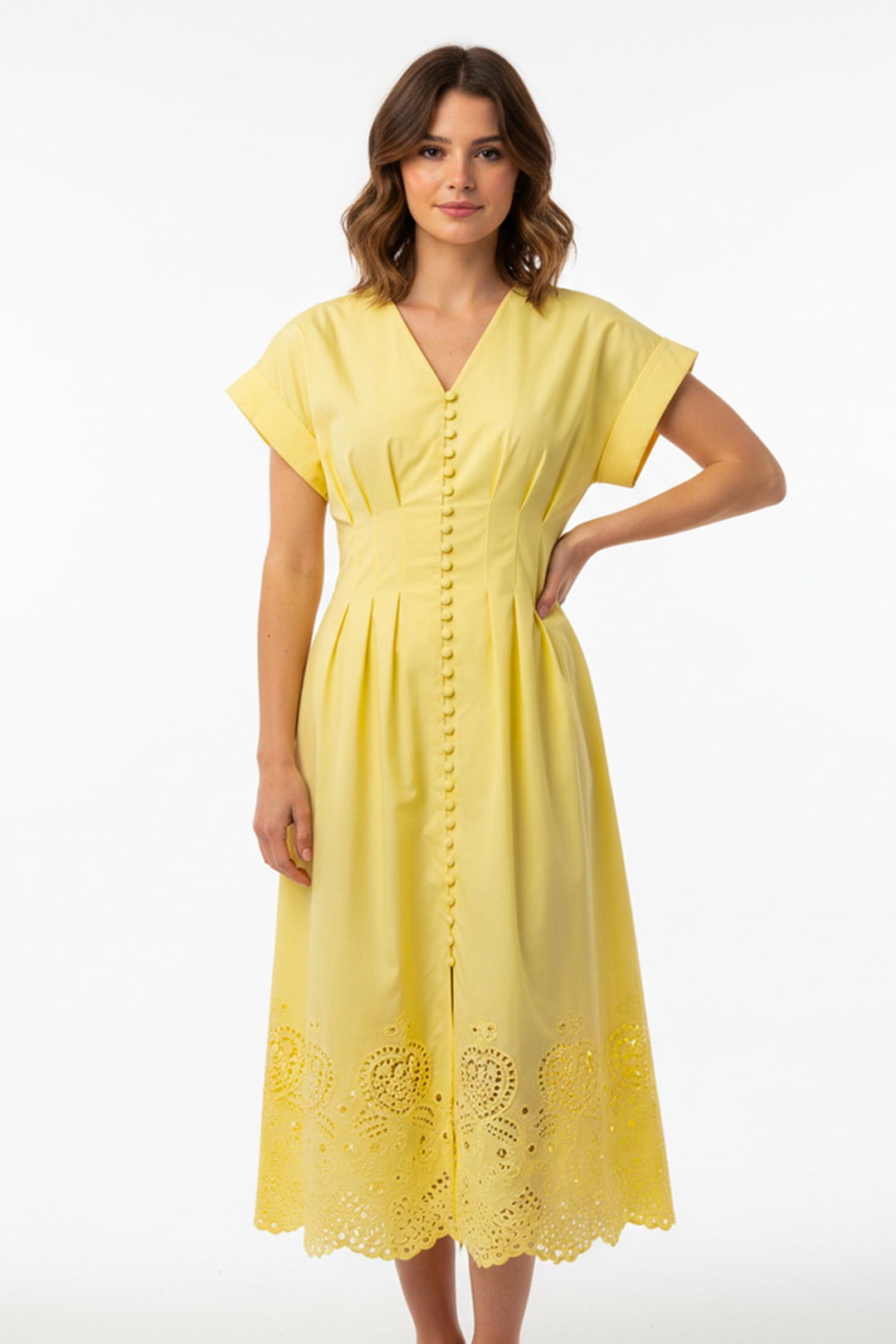 Bright Yellow Eyelet Cap Sleeve Midi Dress – Carrie Dunham Bright Yellow Eyelet Cap Sleeve Midi Dress – Carrie Dunham