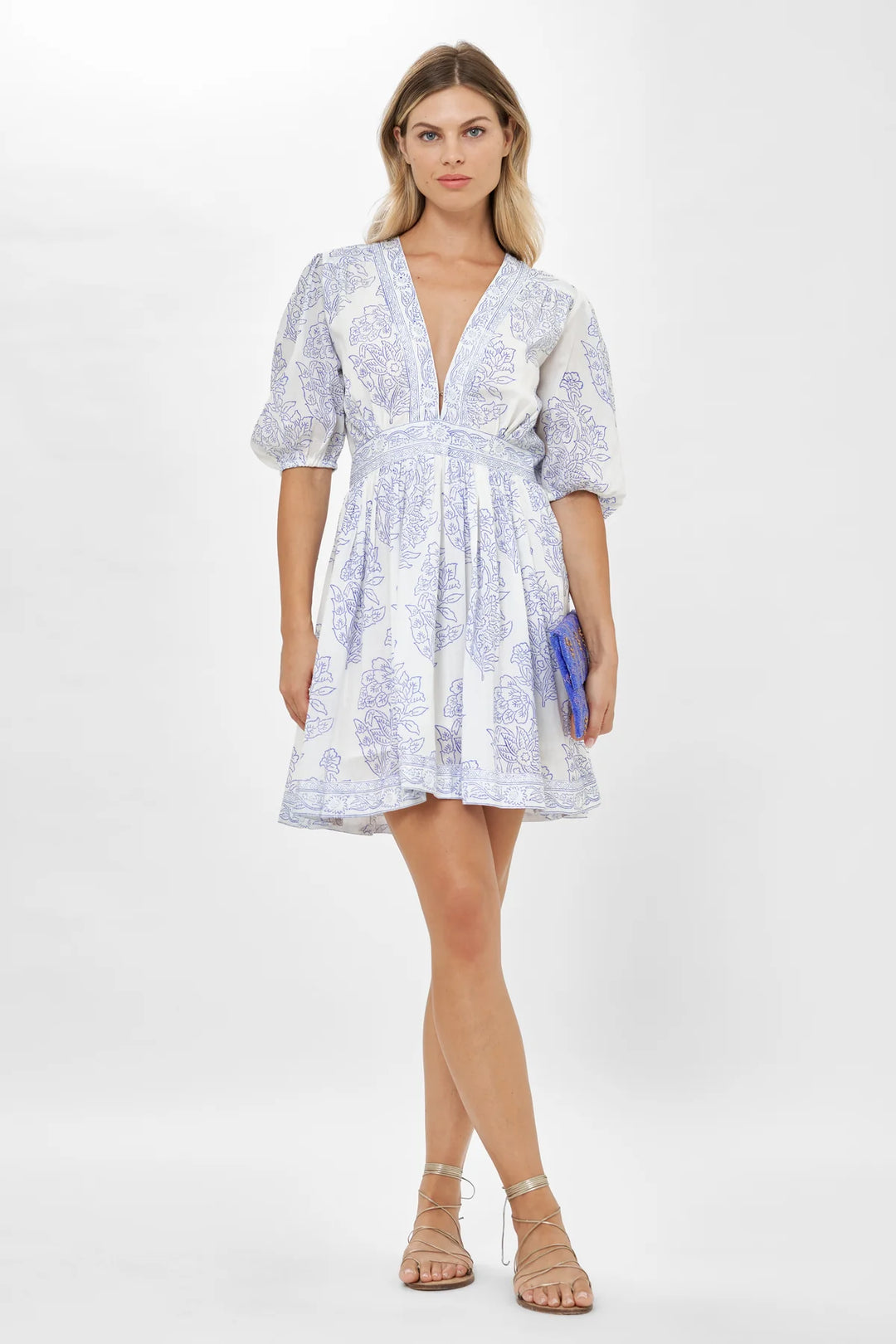 White & Scenic Blue Floral Puff Sleeve Mini Dress  Carrie Dunham