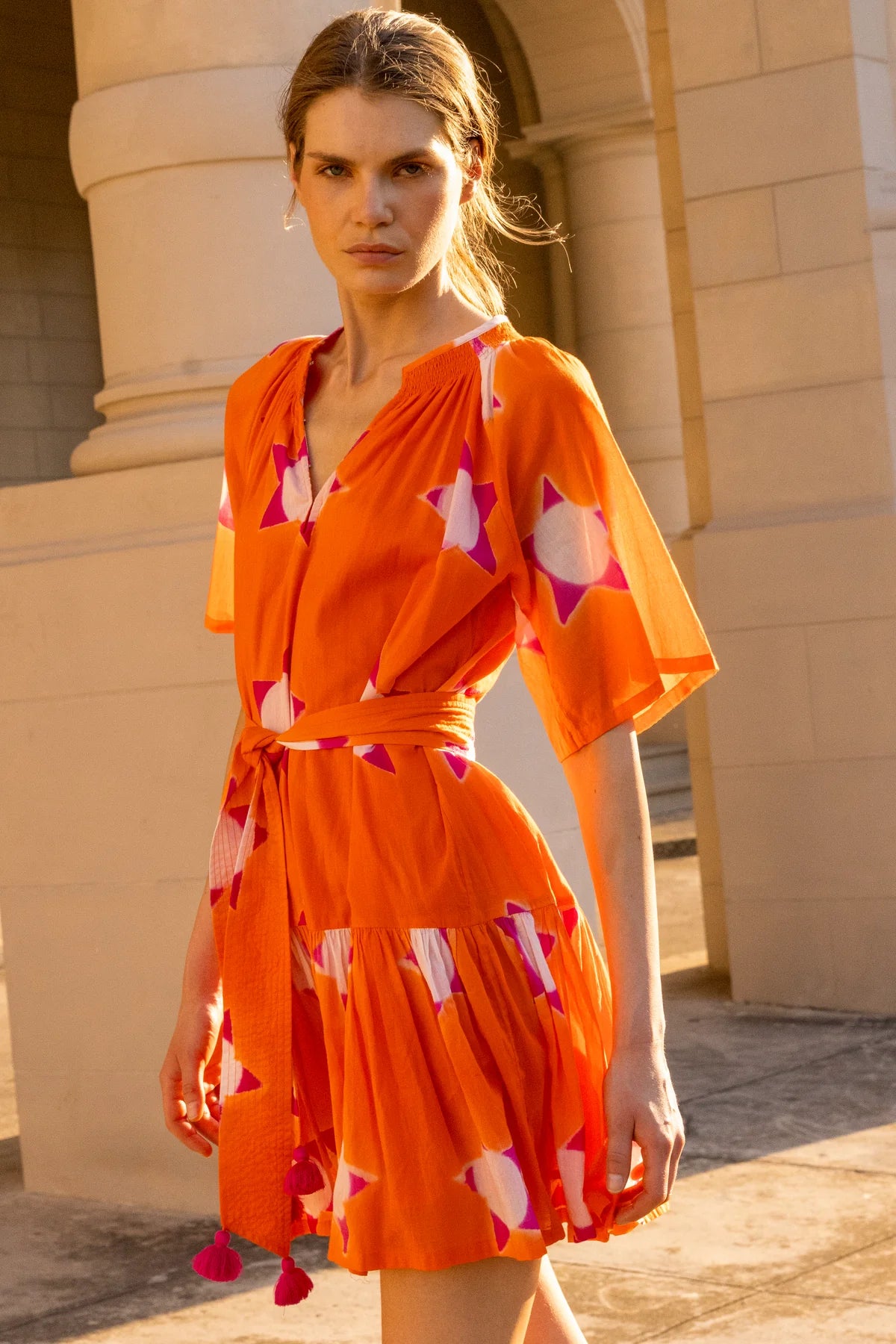 Oliphant Mela Orange Raglan Belted Mini Dress M