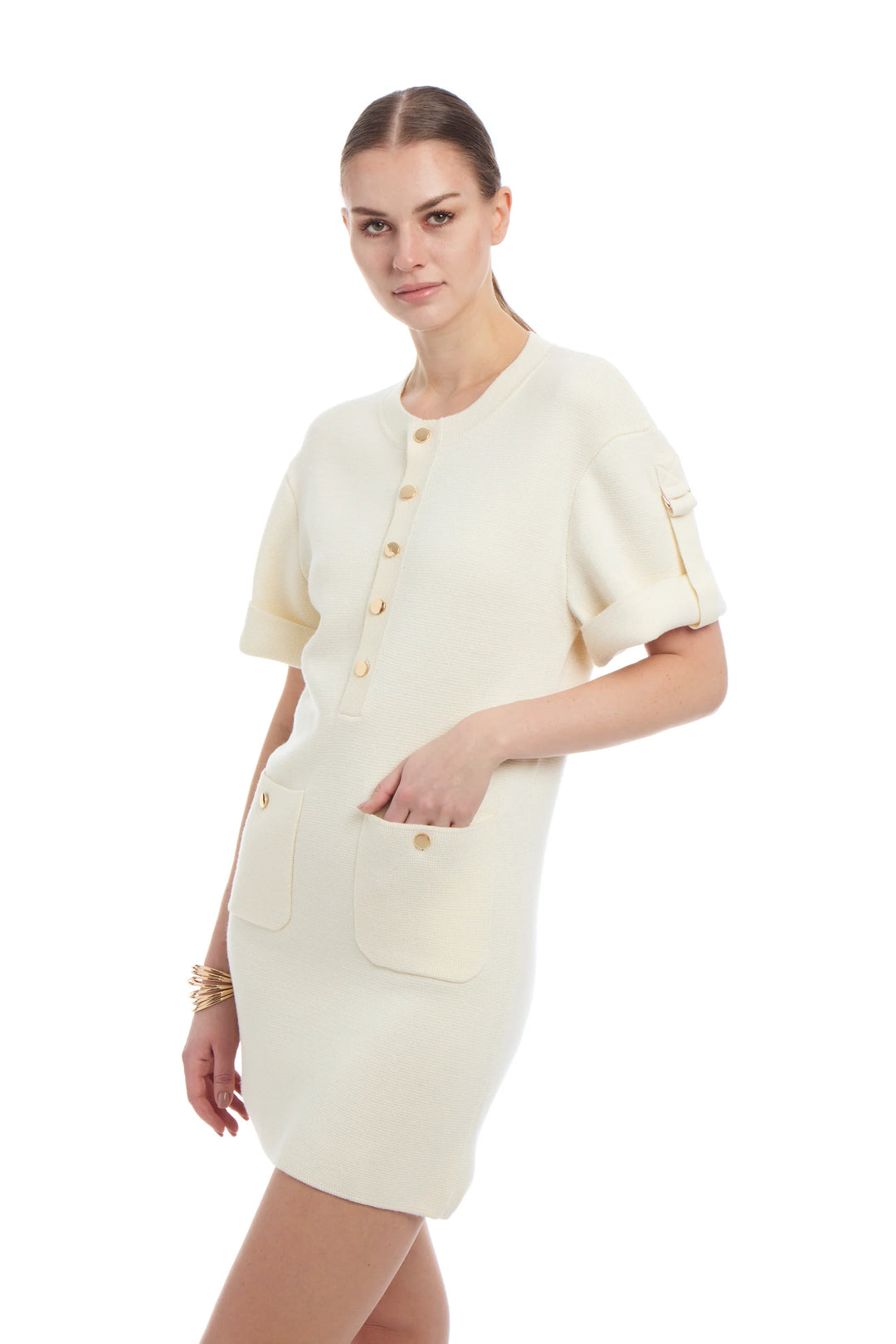 womens cream knitted dress SAME | Cuffed Ribbed Knit Dress | Cream