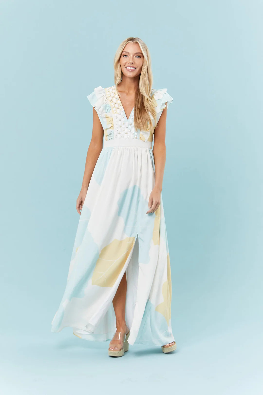 Soft Blue Palms Hand-Embellished Maxi Dress S Soft Blue Palms Hand-Embellished Maxi Dress S