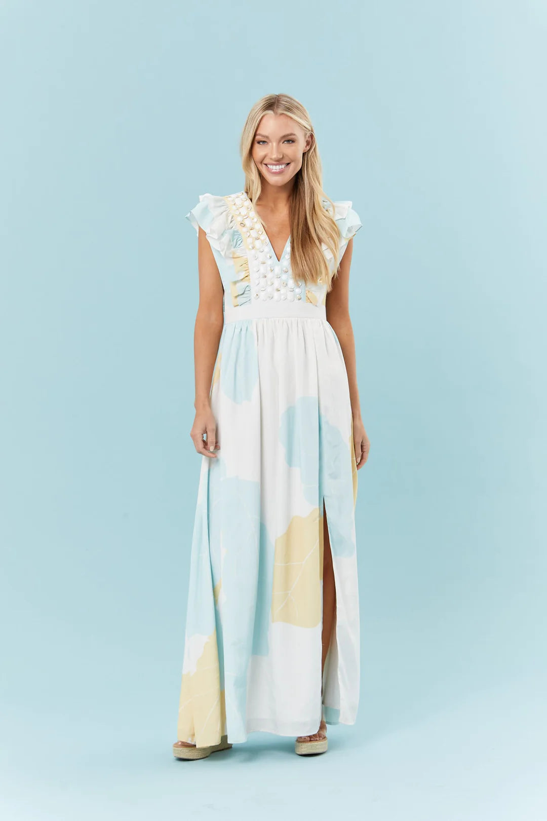 Soft Blue Palms Hand-Embellished Maxi Dress S