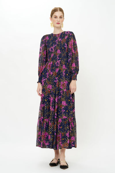 Navy Floral Smocked Maxi Dress: Golden Dots, Sheer Sleeves, Tiered Design