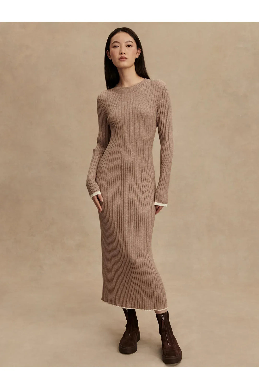 Axel Rib Knit Midi Dress, Medium in Light Taupe Marl | Varley Axel Rib Knit Midi Dress, Medium in Light Taupe Marl | Varley