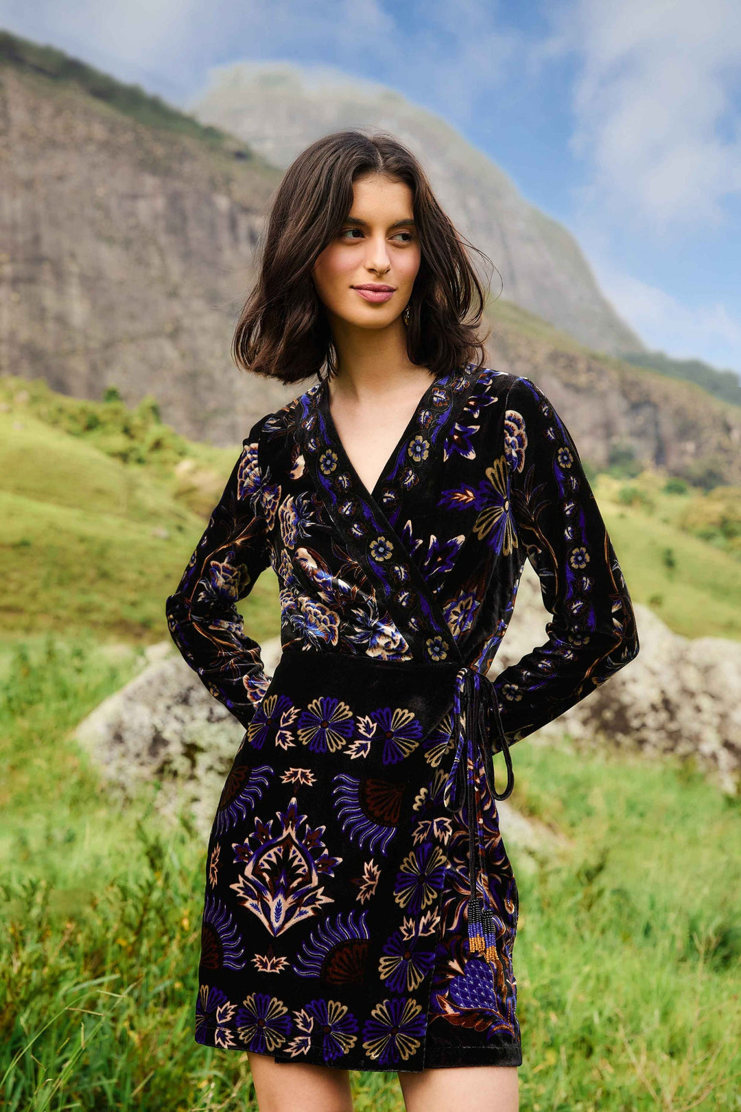 Black Velvet Arabesque Mini Wrap Dress Black Velvet Arabesque Mini Wrap Dress