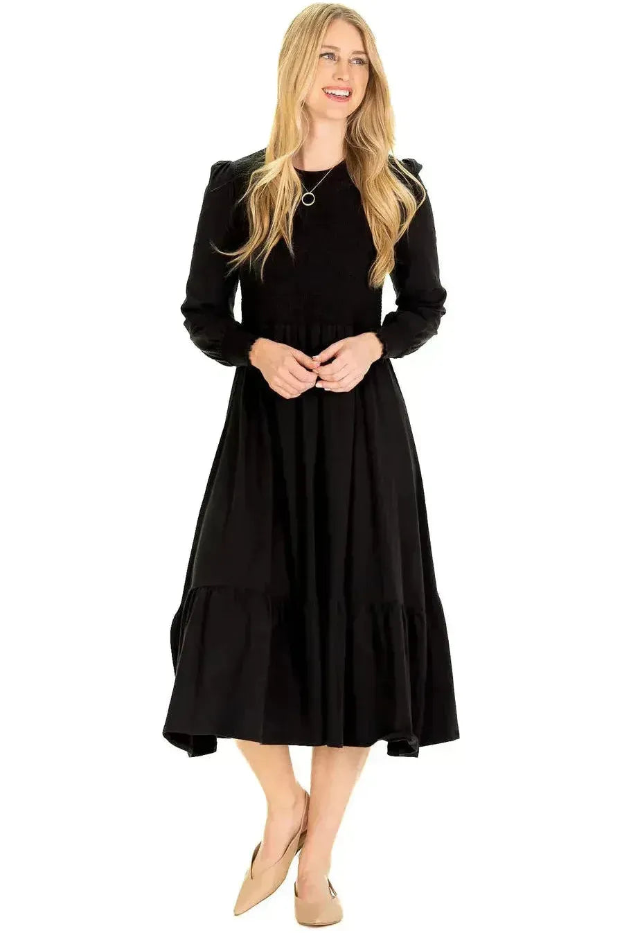 knee length dresses for ladies Black Knit Long Sleeved Midi Dress – Carrie Dunham