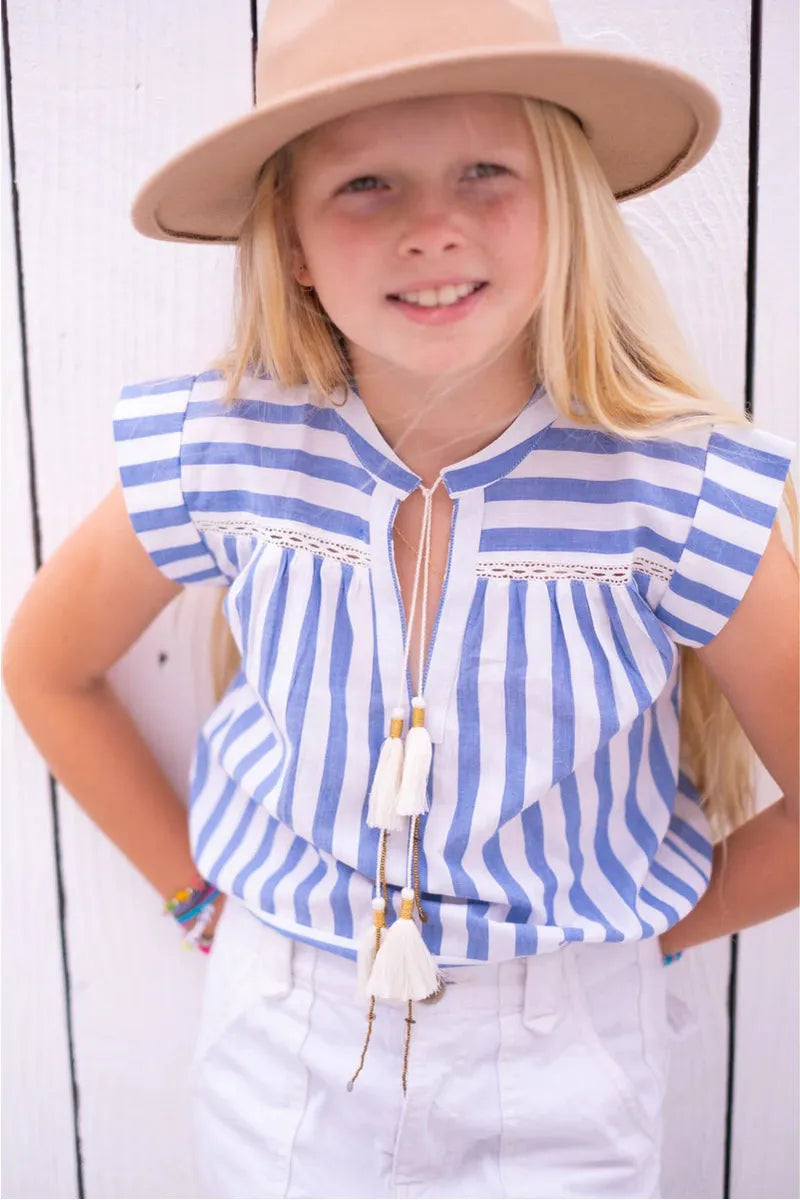 Girls blue and white striped shirt hotsell