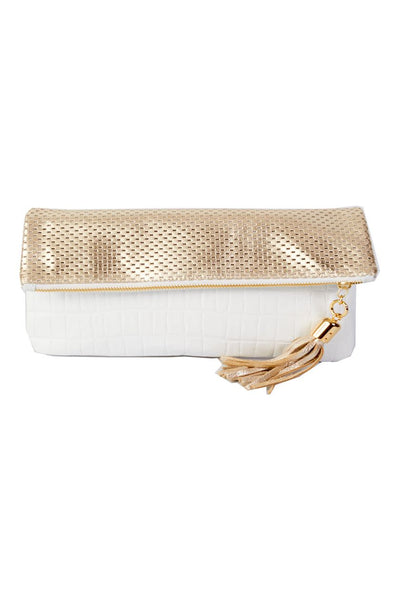 Perforated Leather Foldover Clutch Black
