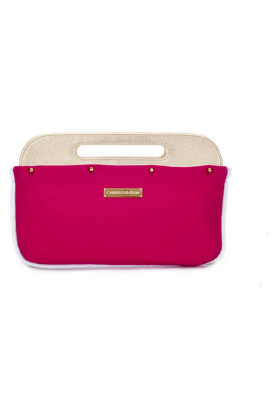 gold and hot pink linen clutch bag