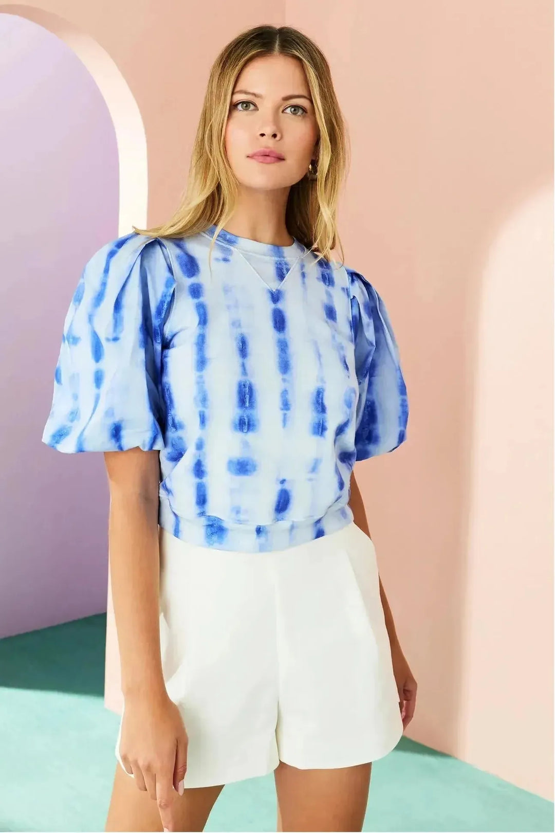 Ocean Blue Tie Dye Puff Sleeve Top Carrie Dunham