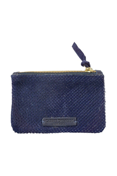 Navy perforated hair on hide italian leather mini clutch wallet